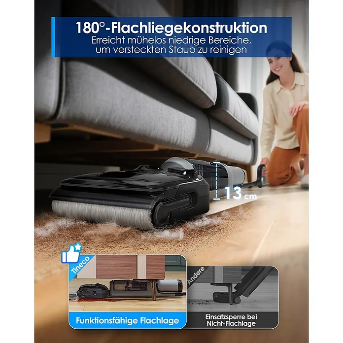 Tineco Akku-Nass-Trockensauger FLOOR ONE i5 Strech Plus - Saugkraft: 20.000 Pa, Akkulaufzeit: 30 min, Wassertankvolumen: 0,8 l - Schwarzer Tineco Staubsauger reinigt unter dem Sofa mit flachliegendem Design, erreicht niedrige 13cm Bereiche. Zeigt einfaches Reinigen von verstecktem Staub.