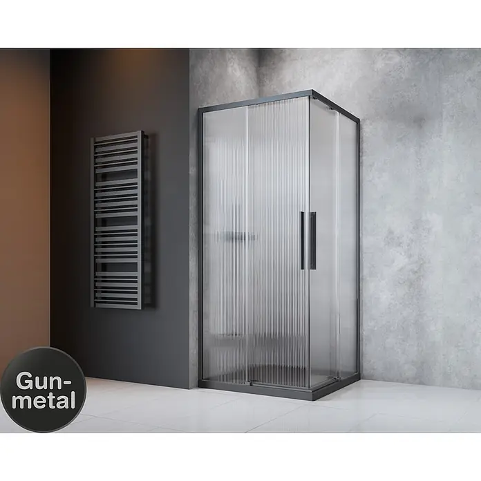 Camargue Eckdusche Tampere - L x B x H: 90 x 90 x 195 cm, Gewelltes Glas, Unbeschichtet, Gunmetal, Glasstärke: 6 mm - Duschkabine in Gun-Metal mit geriffeltem Glas in modernem Badezimmer.