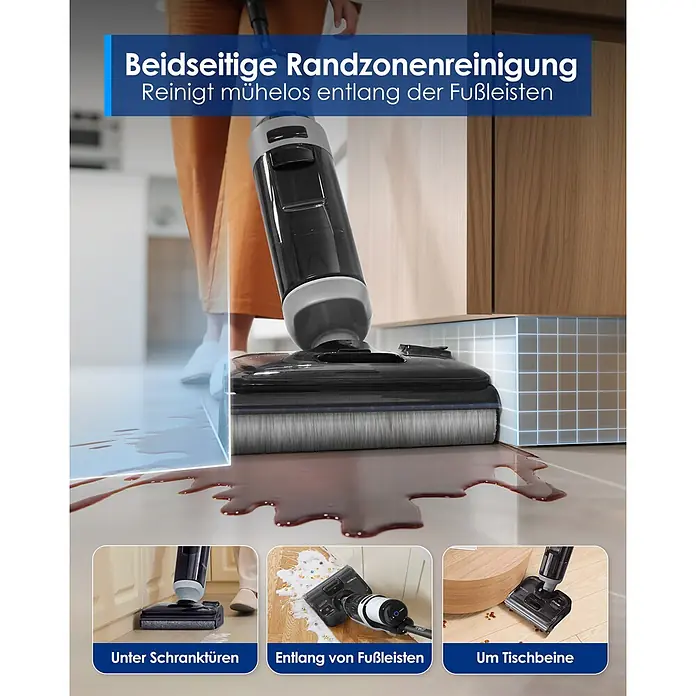 Tineco Akku-Nass-Trockensauger FLOOR ONE i5 Strech Plus - Saugkraft: 20.000 Pa, Akkulaufzeit: 30 min, Wassertankvolumen: 0,8 l - Ein schwarz-grauer Bodenreiniger demonstriert beidseitige Randzonenreinigung, indem er eine Verschüttung entlang einer Fußleiste beseitigt.