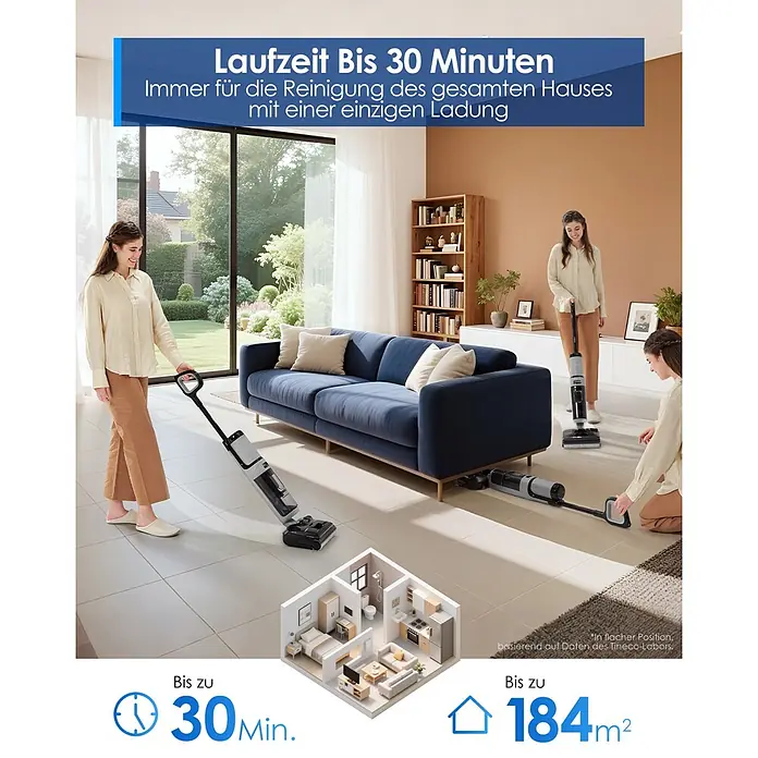Tineco Akku-Nass-Trockensauger FLOOR ONE i5 Strech Plus - Saugkraft: 20.000 Pa, Akkulaufzeit: 30 min, Wassertankvolumen: 0,8 l - Drei Frauen reinigen mit einem grau-schwarzen Bodenreiniger einen Wohnzimmerboden. Infos: 30 Min. Laufzeit, 184 m² Reichweite.