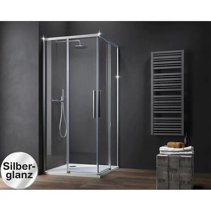 Camargue Eckdusche Tampere - 90 x 90 x 195 cm, Unbeschichtet, Silberglanz, Glasstärke: 6 mm - Informationsansicht