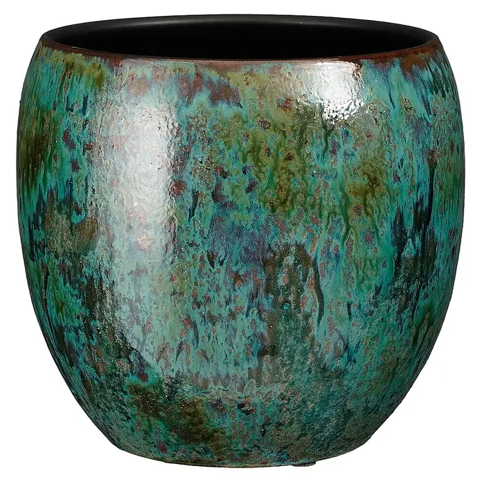 Mica Decorations Übertopf rund Loren - Außenmaß (Ø x H): 24 x 24 cm, Sonstiges, Blau/Grün - Glänzender Pflanztopf mit grüner und bronzefarbener Glasur, strukturierter Oberfläche und schwarzem Inneren.
