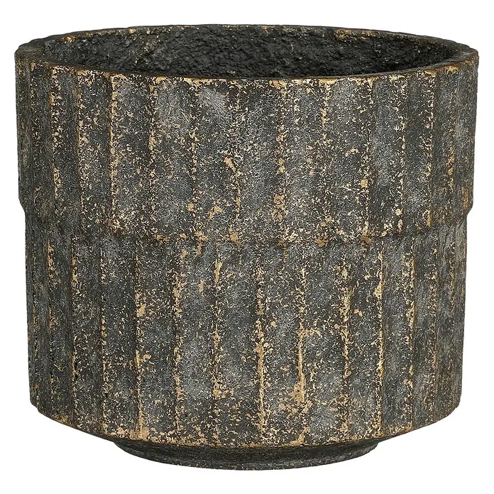 Mica Decorations Übertopf rund Apiro - 1 Stk., Außenmaß (Ø x H): 17,5 x 15 cm, Schwarz - Dunkler, texturierter Pflanztopf mit geriffelter Oberfläche und goldenen Akzenten.
