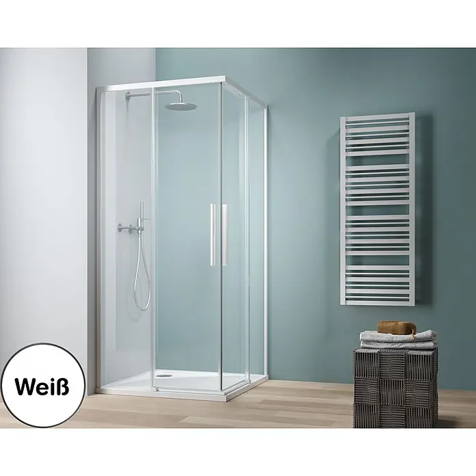 Camargue Eckdusche Tampere - L x B x H: 90 x 90 x 195 cm, Klarglas, Unbeschichtet, Weiß - Weiße Eckduschkabine mit Klarglastüren und weißer Duschwanne.