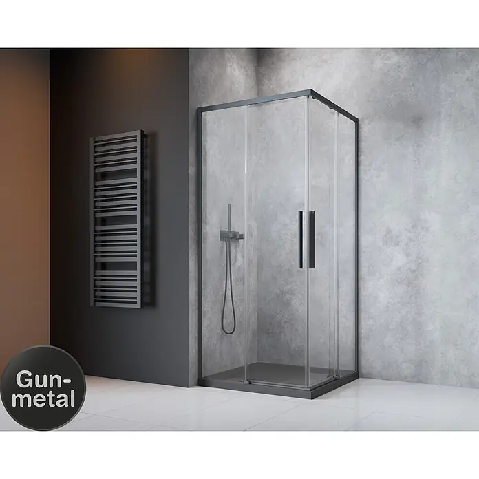 Camargue Eckdusche Tampere - L x B x H: 90 x 90 x 195 cm, Klarglas, Unbeschichtet, Gunmetal, Glasstärke: 6 mm - Gun-metal Duschkabine mit passendem Duschsystem und Handtuchwärmer im modernen Badezimmer.