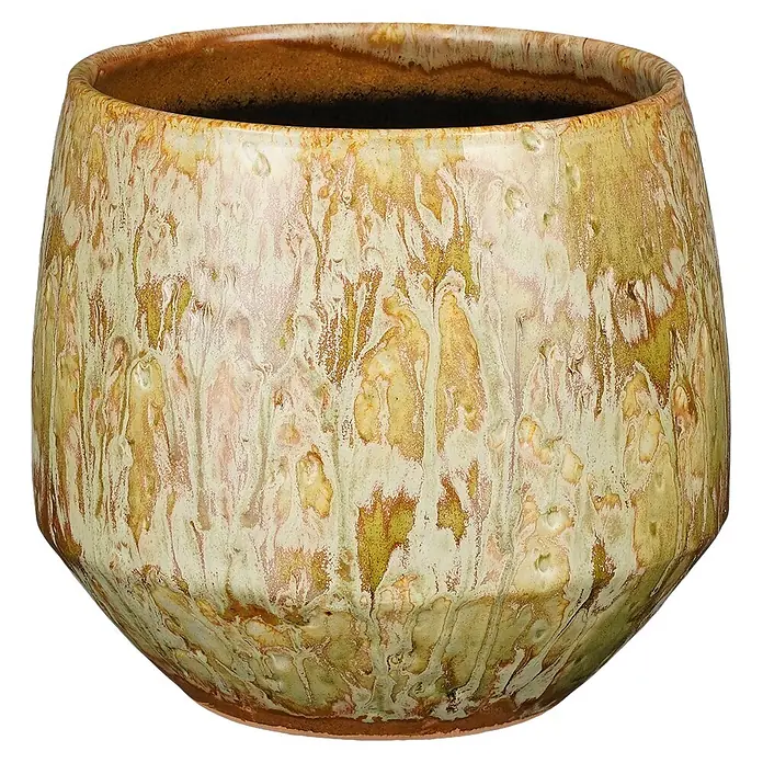 Mica Decorations Übertopf rund Harris - Außenmaß (Ø x H): 20 x 18 cm, Keramik, Gold/Braun - Runder Keramik-Pflanztopf mit mehrfarbiger Tropfglasur in Grün, Beige und Braun.