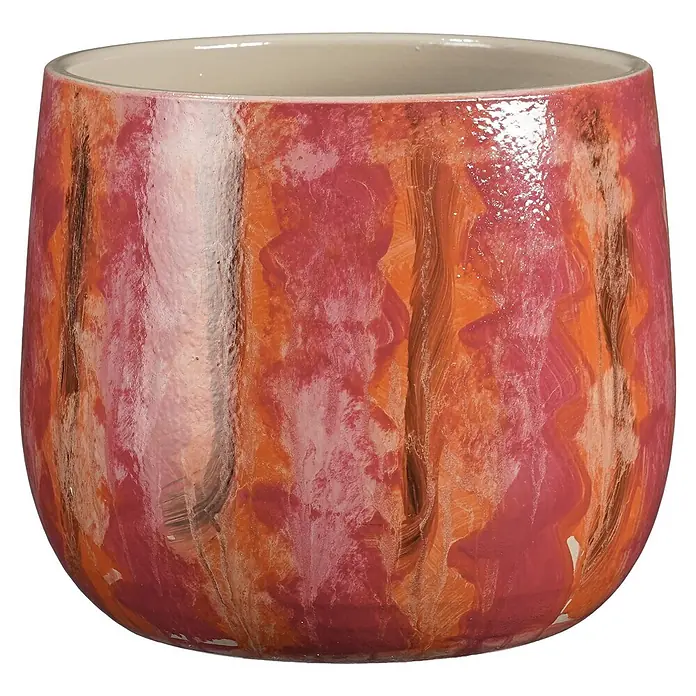 Mica Decorations Übertopf rund Nigel - 1 Stk., Außenmaß (Ø x H): 25 x 21 cm, Sonstiges, Rosa - Runde Keramik-Pflanztopf mit glänzendem, abstraktem rot-orangefarbenem Wirbelmuster.
