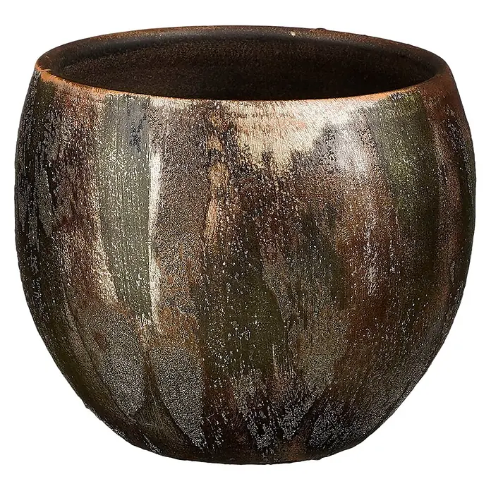 Mica Decorations Übertopf rund Roel - 1 Stk., Außenmaß (Ø x H): 14 x 13 cm, Sonstiges, Dunkelgrün - Ein dunkler, runder, rustikaler Pflanztopf mit strukturierten, erdigen Braun-, Grün- und Grautönen.