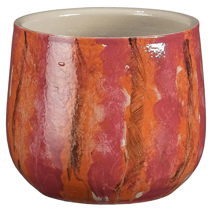 Mica Decorations Übertopf rund Nigel - 1 Stk., Außenmaß (Ø x H): 16 x 13 cm, Sonstiges, Rosa - Glasierter Keramiktopf in Rot-Orange mit abstraktem, malerischem Muster.