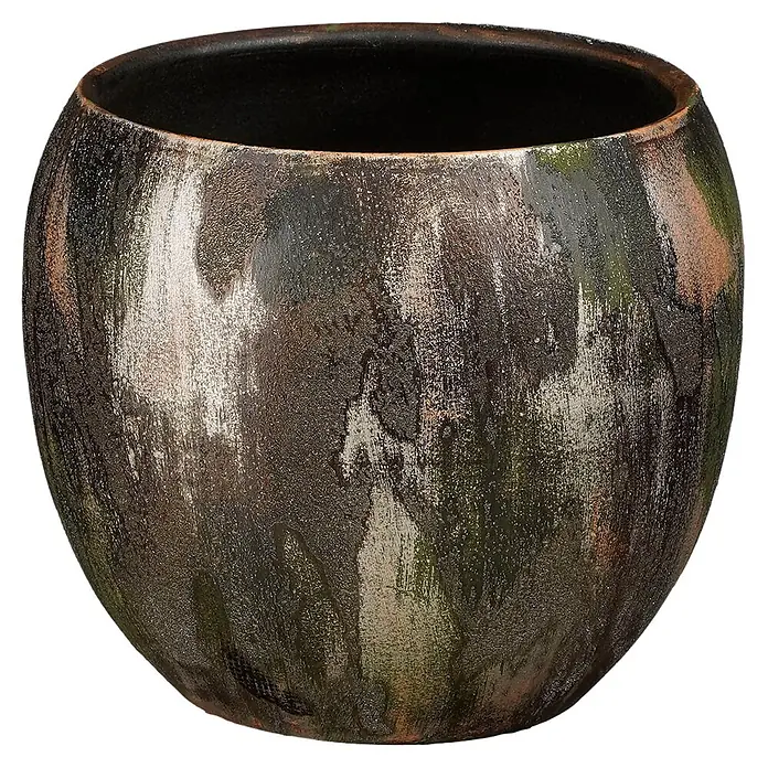 Mica Decorations Übertopf rund Roel - 1 Stk., Außenmaß (Ø x H): 17 x 16 cm, Sonstiges, Dunkelgrün - Eine runde, dunkle Keramikschale mit patinierter, mehrfarbiger Oberfläche in Erdgrün, Braun und hellen Streifen.