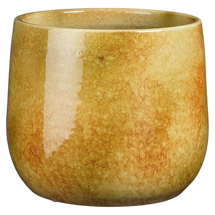 Mica Decorations Übertopf rund Hugo - 1 Stk., Außenmaß (Ø x H): 23 x 21 cm, Sonstiges, Gold - Rundes, rissiges braun-beiges Keramikgefäß mit glänzender Oberfläche.