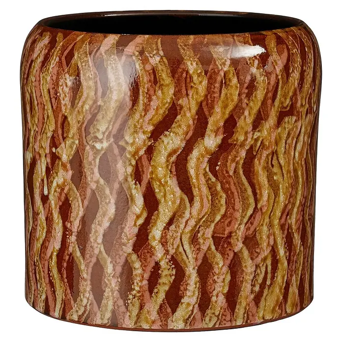 Mica Decorations Übertopf rund Nathan - 1 Stk., Außenmaß (Ø x H): 24 x 23 cm, Sonstiges, Gold/Braun - Zylindrischer Keramiktopf mit texturierter, welliger braun-orange-gelber Glasur und dunklem Rand.