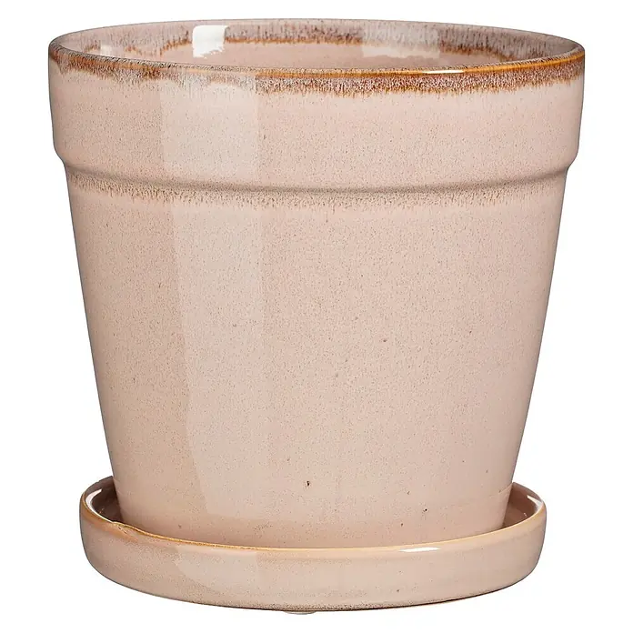 Mica Decorations Übertopf rund Clint - Außenmaß (Ø x H): 17 x 16,5 cm, Keramik, Beige - Hellrosa Keramik-Blumentopf mit strukturierter, glasierter Oberfläche und passendem Untersetzer, mit dunklem Rand.