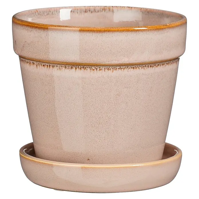 Mica Decorations Übertopf rund Clint - Außenmaß (Ø x H): 13 x 11 cm, Keramik, Beige - Hellrosa/beige Keramik-Pflanztopf mit dunklem Rand und passendem Untersetzer.