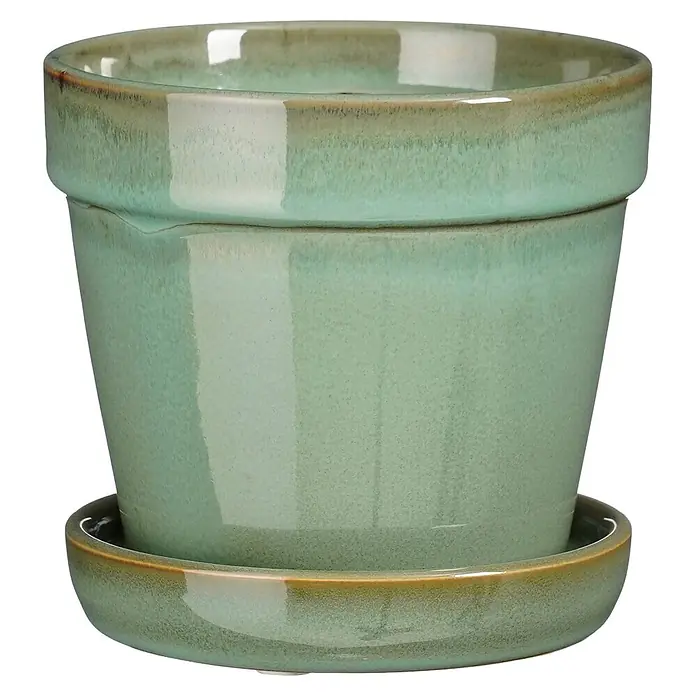 Mica Decorations Übertopf rund Clint - Außenmaß (Ø x H): 13 x 11 cm, Keramik, Grün - Glänzender grüner Keramik-Pflanztopf mit passendem Untersetzer.