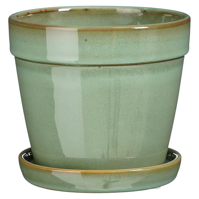 Mica Decorations Übertopf rund Clint - Außenmaß (Ø x H): 15 x 13 cm, Keramik, Grün - Grüner glasierter Keramik-Pflanztopf mit passendem Untersetzer.