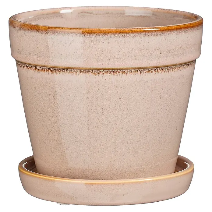 Mica Decorations Übertopf rund Clint - Außenmaß (Ø x H): 15 x 13 cm, Keramik, Beige - Rustikaler hellbeiger Keramik-Blumentopf mit braunem Rand und passendem Untersetzer.