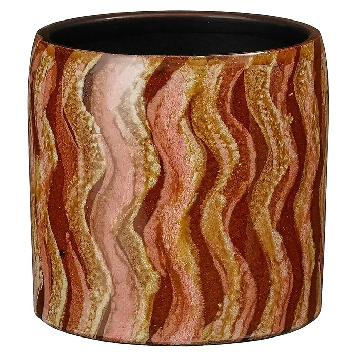 Mica Decorations Übertopf rund Nathan - 1 Stk., Außenmaß (Ø x H): 14 x 13 cm, Sonstiges, Gold/Braun - Zylindrischer Topf mit welligem braunem, rosa und goldenem Muster, dunkler Innenbereich.