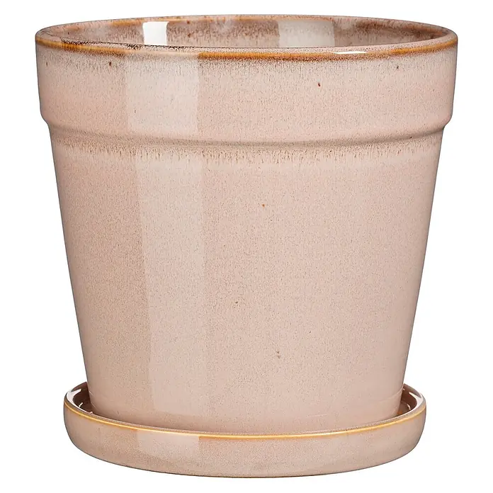 Mica Decorations Übertopf rund Clint - Außenmaß (Ø x H): 20 x 20 cm, Keramik, Beige - Hellbeiger glasierter Keramik-Pflanztopf mit strukturierter Oberfläche und dunklerem Rand, auf passendem Untersetzer.