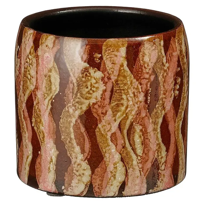 Mica Decorations Übertopf rund Nathan - 1 Stk., Außenmaß (Ø x H): 12 x 11 cm, Sonstiges, Gold/Braun - Zylindrische Keramikvase mit gemusterter brauner, beiger und rosa Glasur, dunkler Innenraum.