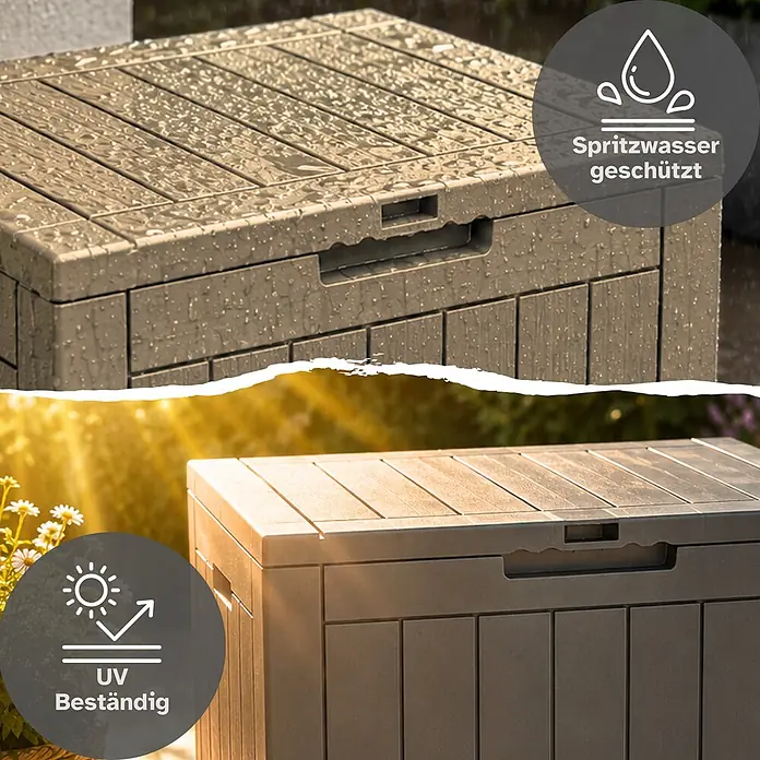 Ondis24 Garten-Aufbewahrungsbox - Taupe, Kunststoff - Dunkelbraune, texturierte Aufbewahrungsbox, spritzwassergeschützt und UV-beständig in zwei Außenszenen dargestellt.