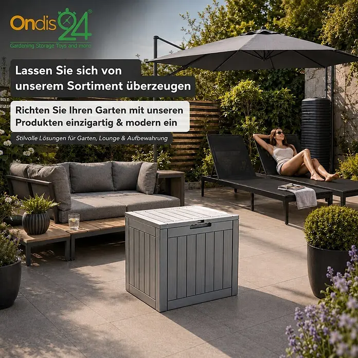 Ondis24 Garten-Aufbewahrungsbox - Taupe, Kunststoff - Graue, lattenförmige Garten-Aufbewahrungsbox mit Deckel, integriert in eine Outdoor-Lounge-Umgebung.