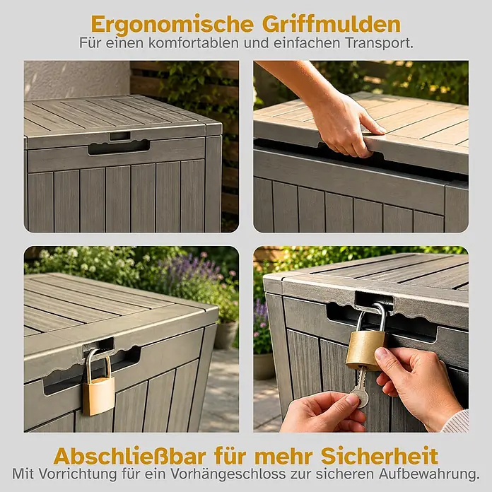 Ondis24 Garten-Aufbewahrungsbox - Taupe, Kunststoff - Graue Gartenbox in Holzoptik mit ergonomischen Griffen und abschließbarer Vorrichtung für Vorhängeschloss.