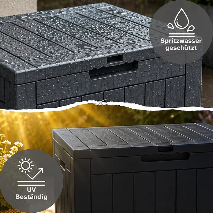 Ondis24 Garten-Aufbewahrungsbox - L x B x H: 55 x 43 x 53 cm, Anthrazit, Kunststoff - Dunkelgraue Outdoor-Aufbewahrungsbox, mit Wassertropfen für Spritzwasserschutz und in Sonnenlicht für UV-Beständigkeit dargestellt.