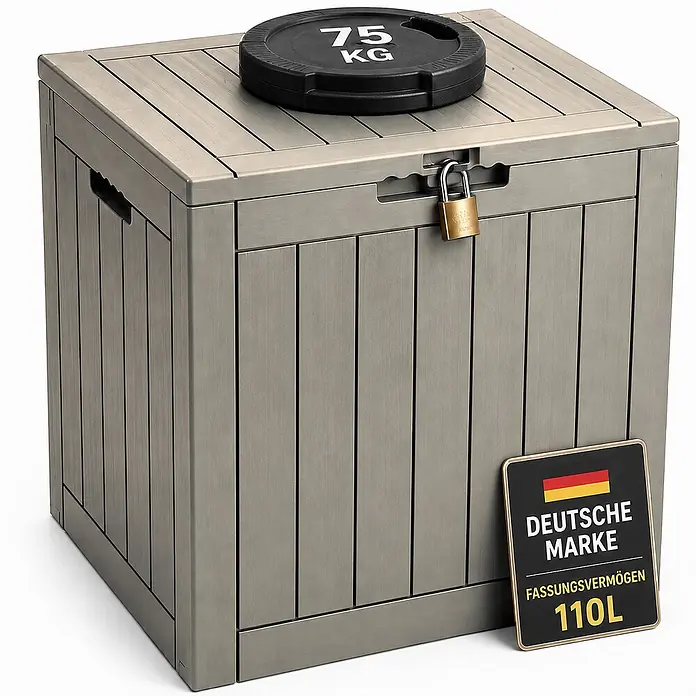 Ondis24 Garten-Aufbewahrungsbox - Taupe, Kunststoff - Graue, lamellenförmige, abschließbare Aufbewahrungsbox (110L Fassungsvermögen), die ihre Robustheit mit einem 75kg Gewicht auf dem Deckel zeigt.