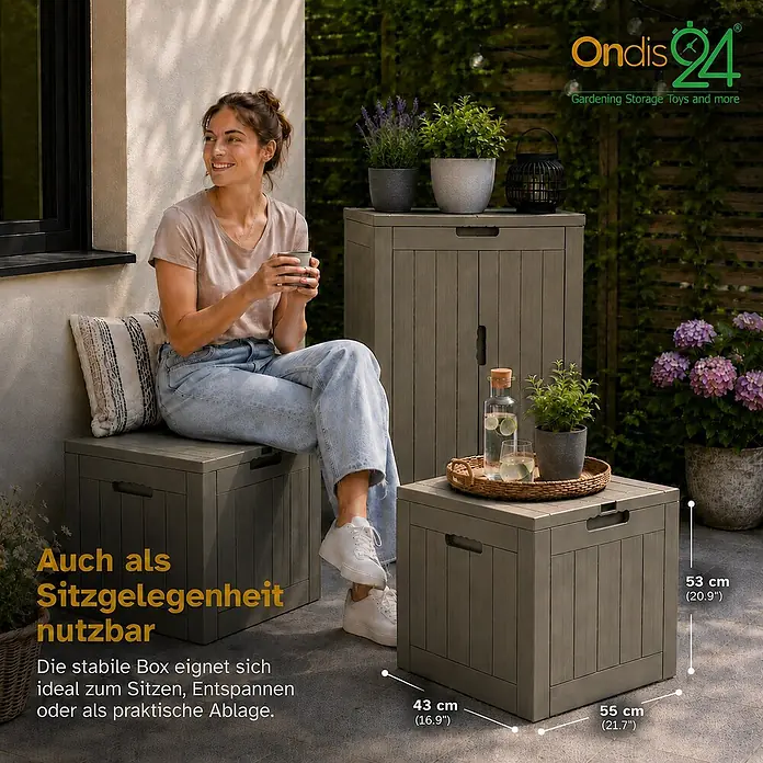 Ondis24 Garten-Aufbewahrungsbox - Taupe, Kunststoff - Drei graue Boxen in Holzoptik für den Außenbereich, als Sitzbank, hoher Schrank und Beistelltisch genutzt, mit sitzender Frau.