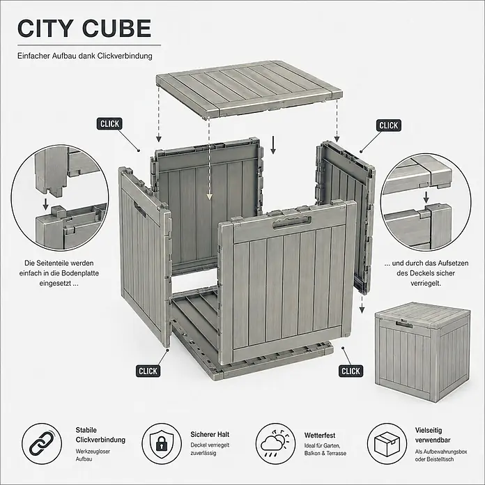 Ondis24 Garten-Aufbewahrungsbox - Taupe, Kunststoff - Graue modulare Aufbewahrungsbox in Holzoptik, Montageanleitung mit Klickverbindung für einfachen, werkzeuglosen Aufbau. Vielseitig als Box oder Beistelltisch.