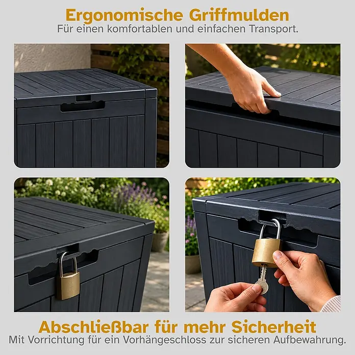 Ondis24 Garten-Aufbewahrungsbox - L x B x H: 55 x 43 x 53 cm, Anthrazit, Kunststoff - Dunkelgraue Outdoor-Aufbewahrungsbox mit ergonomischen Griffmulden und Vorrichtung für ein Vorhängeschloss.