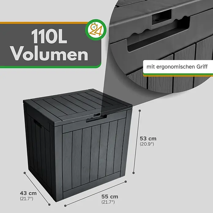 Ondis24 Garten-Aufbewahrungsbox - L x B x H: 55 x 43 x 53 cm, Anthrazit, Kunststoff - Dunkelgraue 110L Gartenbox mit Holzstruktur und ergonomischem Griff, Maße: 55x43x53 cm.