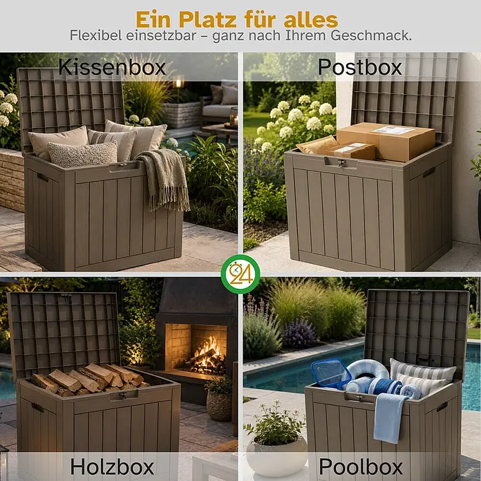 Ondis24 Garten-Aufbewahrungsbox - Taupe, Kunststoff - Braune Outdoor-Aufbewahrungsbox in Holzoptik, gezeigt in vier Anwendungen: für Kissen, Pakete, Holz und Poolzubehör.