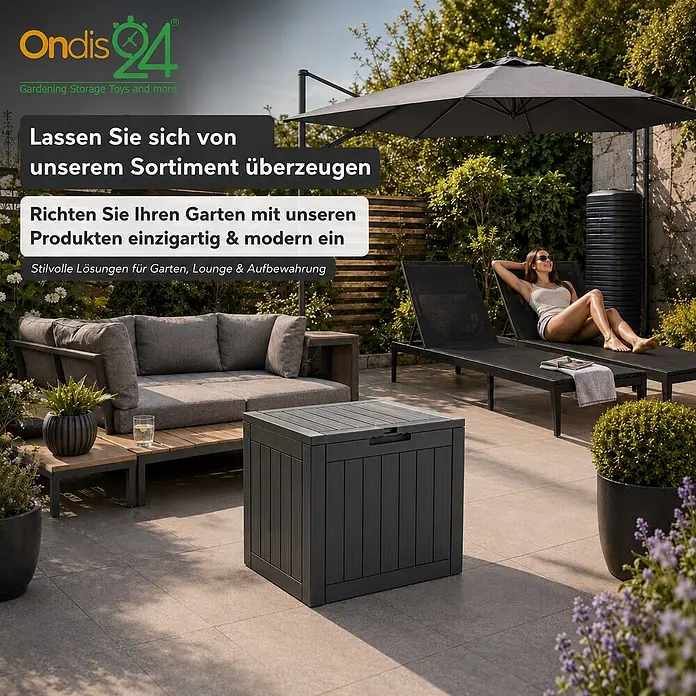 Ondis24 Garten-Aufbewahrungsbox - L x B x H: 55 x 43 x 53 cm, Anthrazit, Kunststoff - Dunkelgraue, holzartige Outdoor-Aufbewahrungsbox auf einer modernen Garten-Terrasse, platziert neben einer Lounge-Sofa.