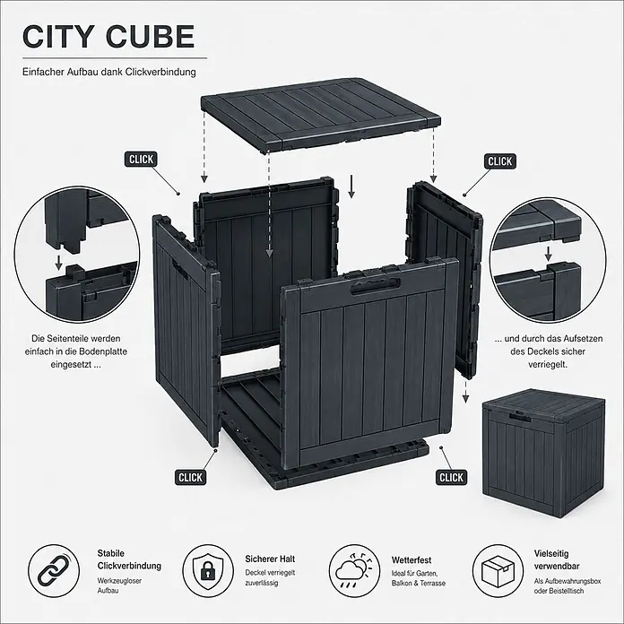 Ondis24 Garten-Aufbewahrungsbox - L x B x H: 55 x 43 x 53 cm, Anthrazit, Kunststoff - Dunkelgraue Kunststoff-Aufbewahrungsbox mit Klick-Montage, demontiert und als fertige Box gezeigt.