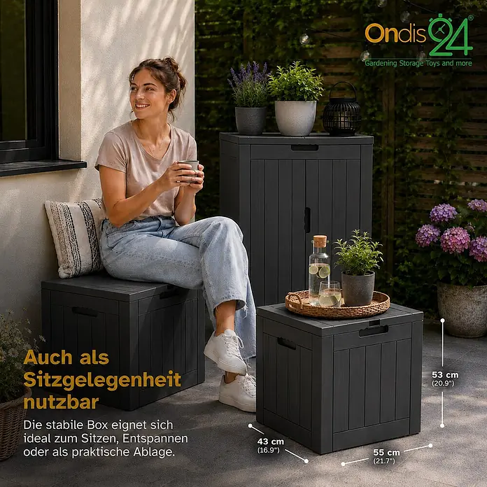 Ondis24 Garten-Aufbewahrungsbox - L x B x H: 55 x 43 x 53 cm, Anthrazit, Kunststoff - Dunkelgraue Outdoor-Aufbewahrungsboxen auf einer Terrasse, als Bank und Beistelltisch genutzt, die vielseitige Verwendung als Sitzgelegenheit und Stauraum zeigend.