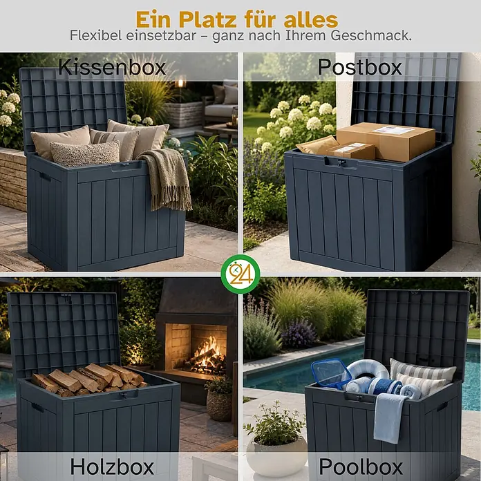Ondis24 Garten-Aufbewahrungsbox - L x B x H: 55 x 43 x 53 cm, Anthrazit, Kunststoff - Vielseitige dunkelgraue Outdoor-Aufbewahrungsbox, gezeigt in vier Anwendungen: für Kissen, Pakete, Brennholz und Poolzubehör.