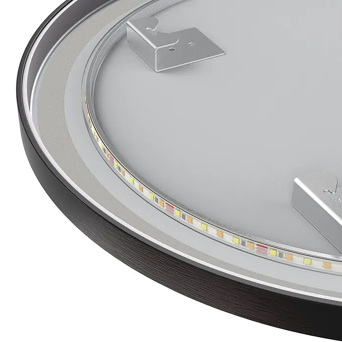 LOMAZOO Lichtspiegel LMZ-FRANKFURT - Schwarz - Innenansicht einer runden LED-Leuchte mit LED-Streifen, Metallhalterungen und dunklem, gebürstetem Metallrand.