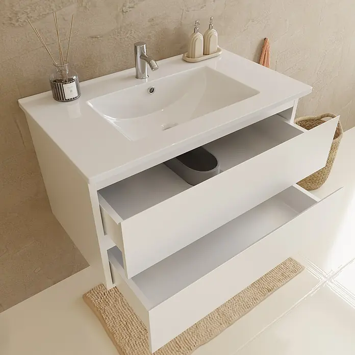 LOMAZOO Badmöbel-Set LM-VER-GW-WW-80 - Gesamtbreite Badmöbel: 80 cm, Glänzend weiß - Weißer Badunterschrank mit integriertem Waschbecken und zwei offenen Schubladen im modernen Badezimmer.