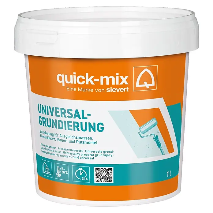 Quick-Mix Grundierung - 1 l - Weißer und oranger Eimer quick-mix Universal-Grundierung (1l).