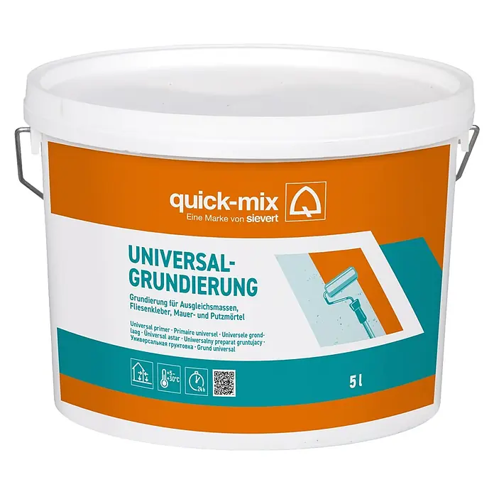 Quick-Mix Grundierung - 5 l - Weiß-oranger quick-mix UNIVERSAL-GRUNDIERUNG Eimer (5L) für verschiedene Baustoffe.
