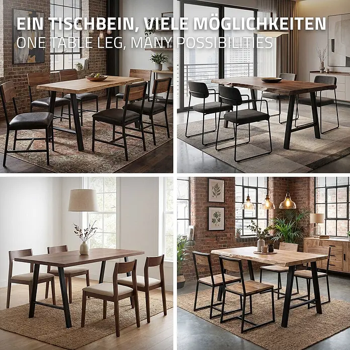 ML-Design Tischgestell Tischbeine Metall Schwarz 2er Set Tischgestell Outdoor wetterfest - L x B x H: 60 x 8 x 72 cm, Traglast: 300 kg, Stahl - Moderner Esstisch mit zwei stabilen Fußgestellen und passenden Stühlen in verschiedenen Wohnambiente-Darstellungen.