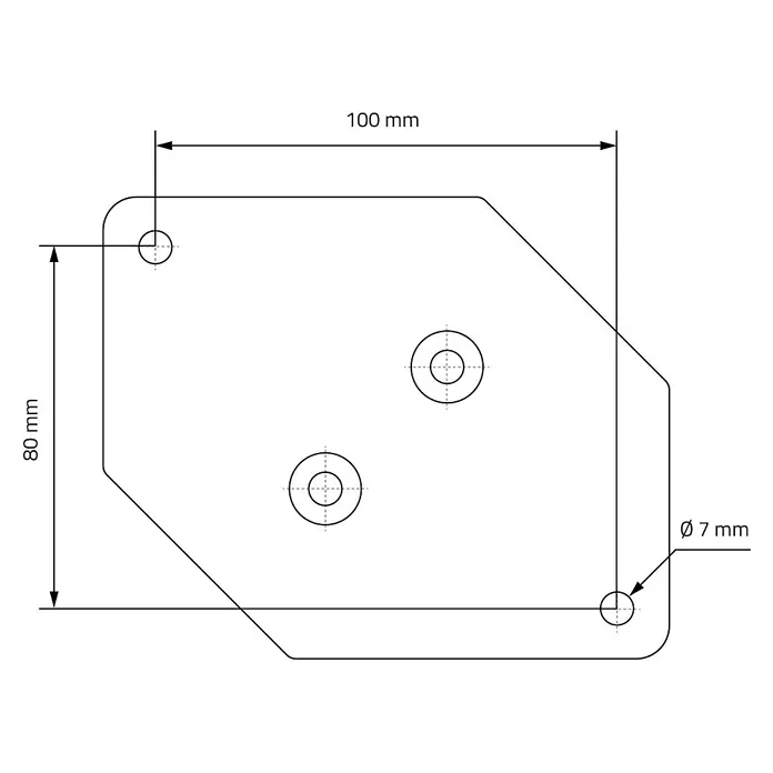 ML-Design Tischgestell Tischfüße X-Form Tischkufen Stahl Untergestell Möbelfüße 120x78x72 cm - L x B x H: 120 x 78 x 71,5 cm, Traglast: 500 kg, Stahl - Technische Zeichnung einer 100x80mm Platte mit abgerundeten Ecken, zwei ø7mm Ecklöchern und zwei mittigen Löchern.