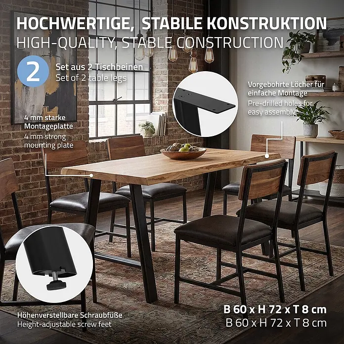ML-Design Tischgestell Tischbeine Metall Schwarz 2er Set Tischgestell Outdoor wetterfest - L x B x H: 60 x 8 x 72 cm, Traglast: 300 kg, Stahl - Schwarze Metall-Tischbeine mit vorgebohrten Löchern und höhenverstellbaren Schraubfüßen unter einem Holztisch.