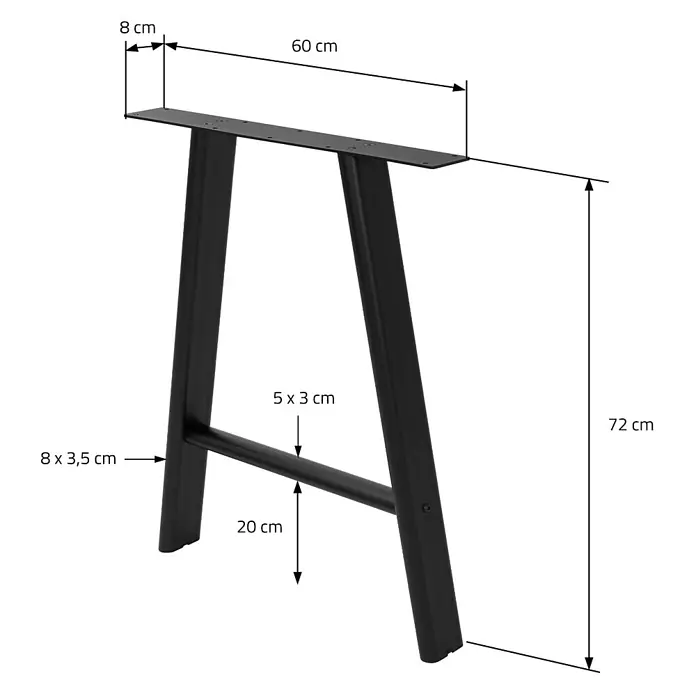 ML-Design Tischgestell Tischbeine Metall Schwarz 2er Set Tischgestell Outdoor wetterfest - L x B x H: 60 x 8 x 72 cm, Traglast: 300 kg, Stahl - Schwarzes A-förmiges Metall-Tischbein mit Maßen, 72 cm hoch.