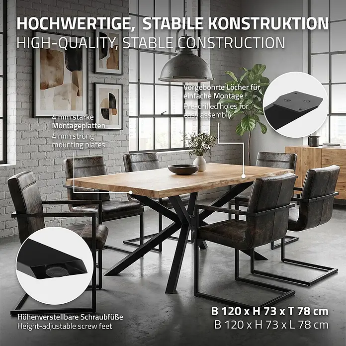 ML-Design Tischgestell Tischfüße X-Form Tischkufen Stahl Untergestell Möbelfüße 120x78x72 cm - L x B x H: 120 x 78 x 71,5 cm, Traglast: 500 kg, Stahl - Esstisch mit Holzplatte und stabilem dunklem Metallgestell, mit höhenverstellbaren Füßen.