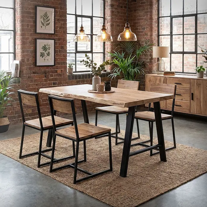 ML-Design Tischgestell Tischbeine Metall Schwarz 2er Set Tischgestell Outdoor wetterfest - L x B x H: 60 x 8 x 72 cm, Traglast: 300 kg, Stahl - Ein Esstisch mit einer Baumkanten-Holzplatte und schwarzen Metallbeinen, umgeben von passenden Holzstühlen, in einem Esszimmer im Industriestil.