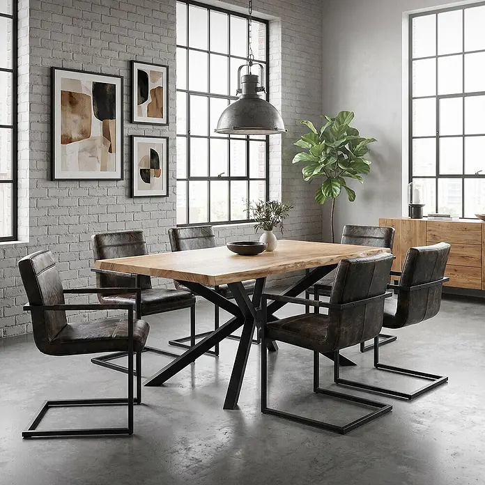 ML-Design Tischgestell Tischfüße X-Form Tischkufen Stahl Untergestell Möbelfüße 120x78x72 cm - L x B x H: 120 x 78 x 71,5 cm, Traglast: 500 kg, Stahl - Ein moderner Industrie-Essbereich mit langem Holztisch, schwarzem Metallgestell und dunkelbraunen Lederstühlen mit schwarzen Rahmen.