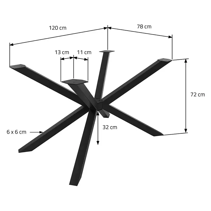 ML-Design Tischgestell Tischfüße X-Form Tischkufen Stahl Untergestell Möbelfüße 120x78x72 cm - L x B x H: 120 x 78 x 71,5 cm, Traglast: 500 kg, Stahl - Schwarzes sternförmiges Metall-Tischgestell, 72 cm hoch, 120 cm breit, 78 cm tief, mit 6x6 cm Beinen.